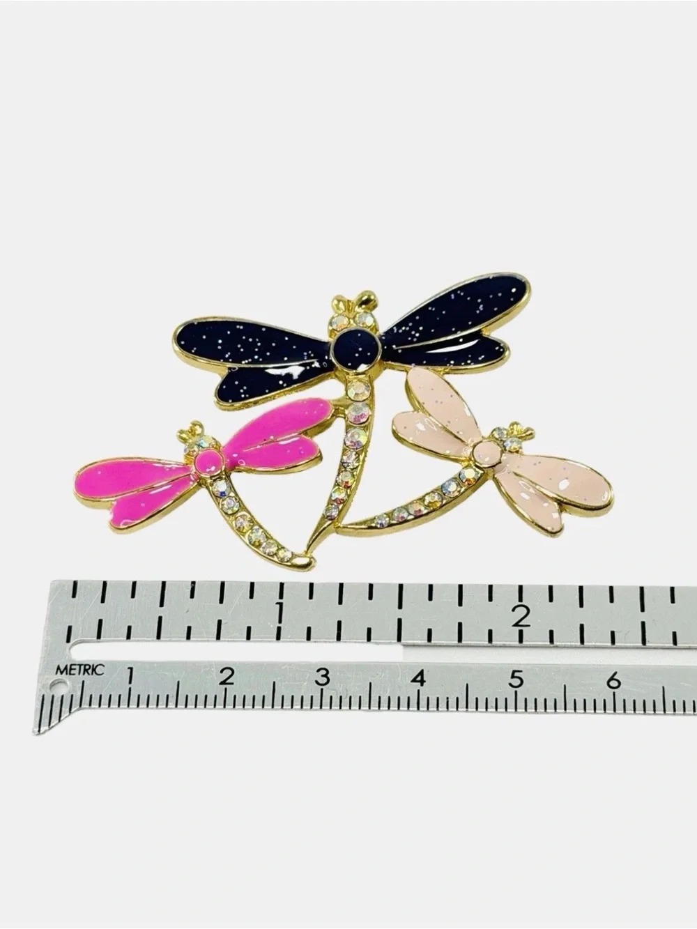 Vintage Dragonfly Rhinestone Enamel Brooch Pin Pink Dark Purple Sparkle Fuchsia